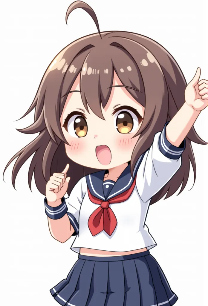 chibi super cute girl in a sailor uniform costume . she is raining her arm and making a go go pose. her mouth is open and shouti...