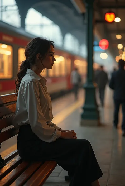 A beautiful woman was sitting at the station while looking at the passing train