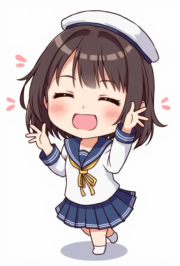 chibi super cute girl in a sailor uniform costume . she is raining her arm and making a go go pose. her mouth is open and shouti...