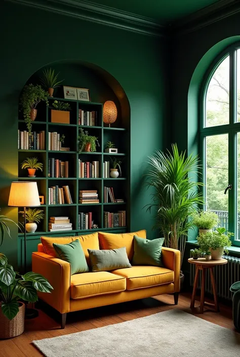 Well decorated light room with dark green walls, plants, lamps 
with warm light, and bookshelf