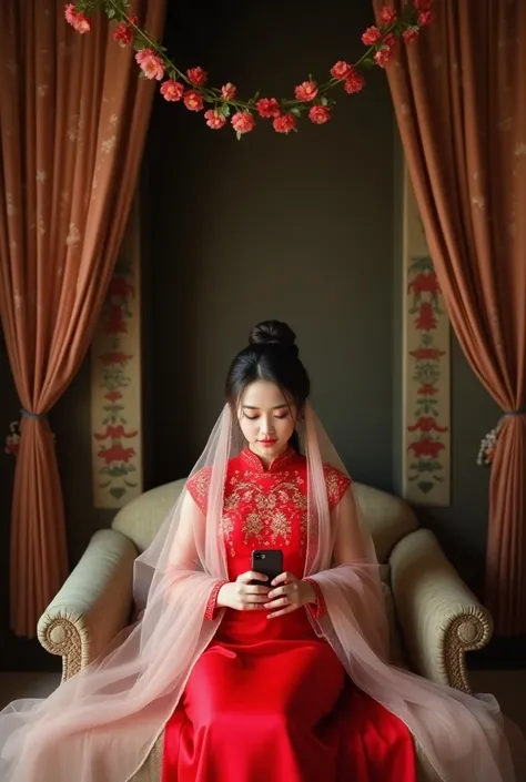  "Create an image of a young woman sitting on a traditional sofa, wearing a vibrant red traditional dress with intricate embroidery. She has a light, transparent shawl draped over her head and shoulders. The background includes decorative brown curtains wi...