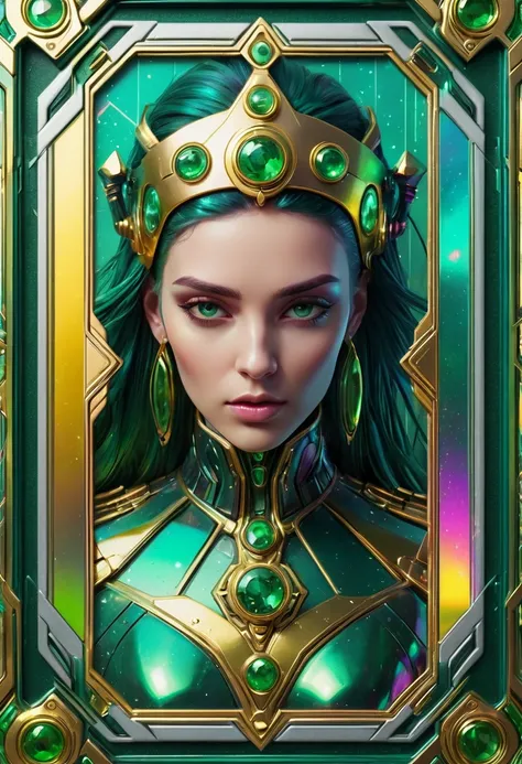 a close up of a colorful cyberpunk style tarot card frame. no text, laced with cybernetic, metallic paint stroke, holographic, holographic metal, Iridescence mix colors of gold with emerald green reflections. (masterpiece, realistic, 3d, 8k), on a white ba...