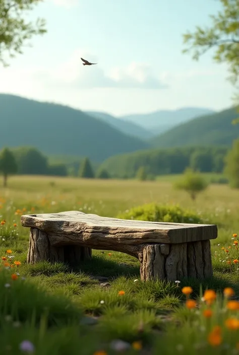 LARCH BENCH made of trunk  ,  very realistic background field 