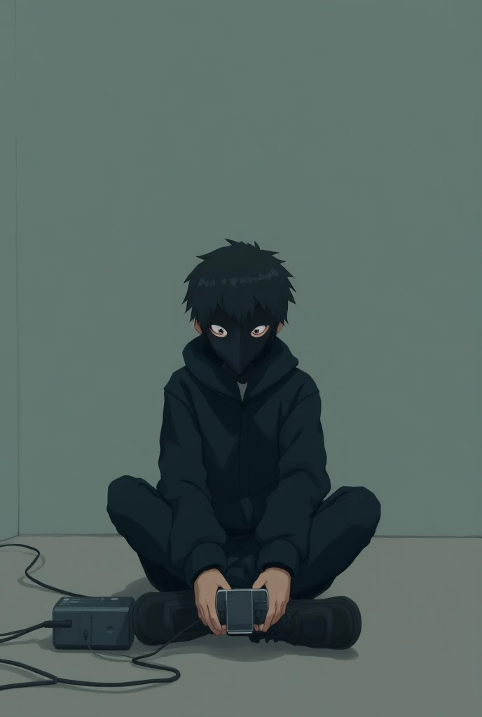 A alone boy with mask  having music anime viedo