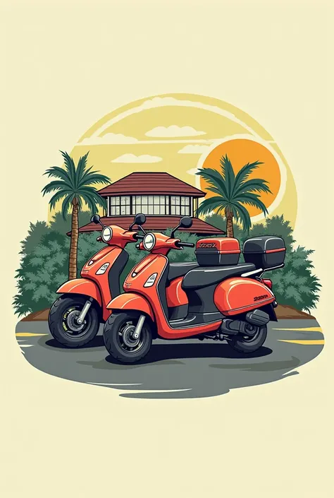 Make me a logo for an online motorcycle taxi community with the name MCD; which has the words Maxim Chapter Depok, for family gatherings with a villa in the background and filled with Honda Beat motorbikes