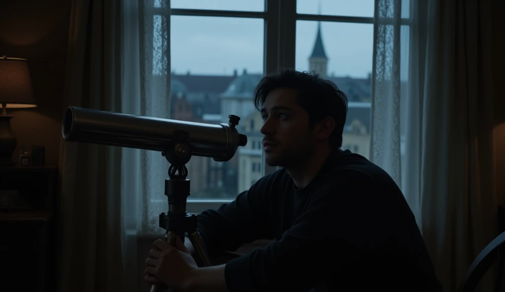 HD，8k quality，A man who grew up like the movie star Henry Cavill，25 years old， black hair ，A little bit of scum，Wearing black sweatshirt，A little depressed。 He looks at the opposite side with a telescope ，The telescope stand is in front of the window ， and...