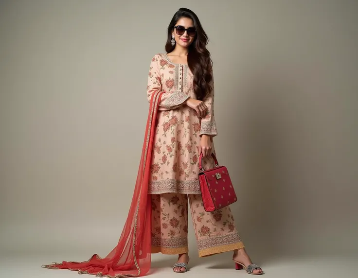 Pakistani realistic beautiful cute 18 years old fair skin looking down model fashionable stylish attitude big smile dimpal full body cover salwar Kamez dress long dopatta on the head long brown hair sunglasses long sandals stylish bag in the hand beautiful...