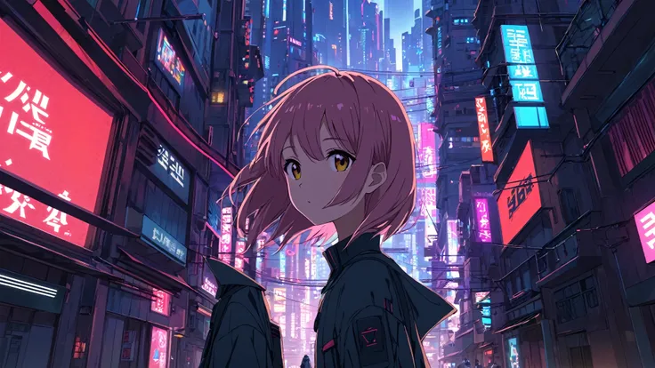 Flat-colored still of a photo of a80s, 1girl, cyberpunk, futuristic city background, 80s movie poster art style,.,... anime girl from a 80s Anime portrayed by kotoge koyoharu, looking away from the viewer, solemn expression