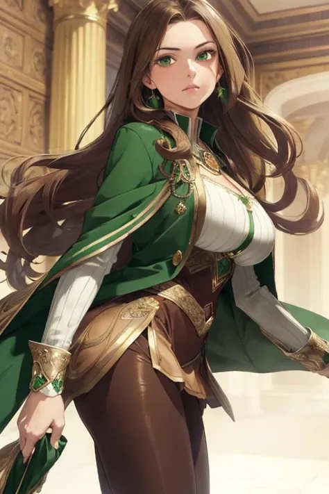 ((best quality)), ((masterpiece)), (detailed), 1girl, long brown hair, brown skin, green eyes, regal, fit, professional, big breasts, cropped jacket, skirt, sliver amulet with Emerald gem, leggings, shoes, green clothing with gold lining, powerful, seducti...