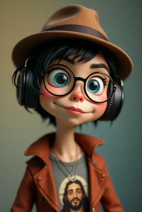 a. androgynous boss , style pixar  avec des cheveux courts bruns et un chapeau trilby, des yeux bleu et lunettes rondes, A wrinkled skin ,  wearing DJ headphones and a Jesus tshirt