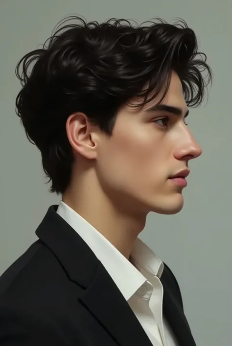 A white boy with a typical Italian strong aquiline hooked nose. medium wavy hair extremely black, 21 years old pale skin, extremely black hair. high qualiy. its a boy 21 years, profile view, typical Italian big prominent aquiline hooked nose. View from the...