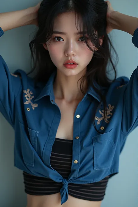 An arrested Korean beautiful model with nervous face kneeling behind in a caution pose, places her hands behind her head, while wearing a blue shirt, , its intricate patterns and colors accentuating her smooth, white skin, she wear regular fit striped blac...