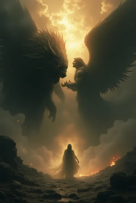 conflict between good and evil**: " Illustrate an epic battle between the Beast and an angelic figure,  representing the struggle between good and evil .  The Beast must be portrayed in all its terrifying glory , while the divine figure shines with heavenl...