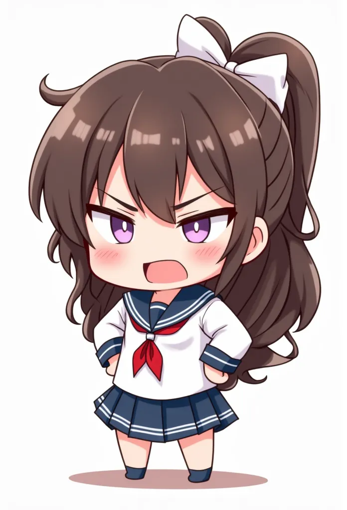 chibi super cute girl in a sailor uniform costume . with hands on her hips and an angry expression, her eyebrows are raised shar...