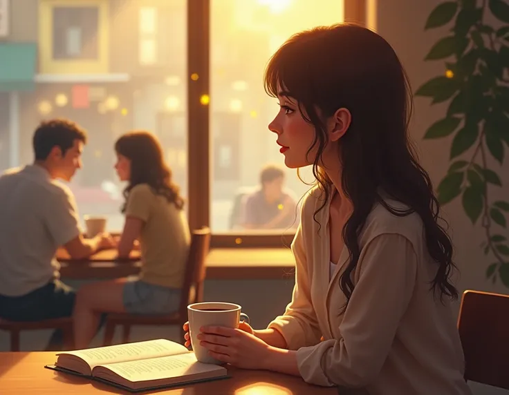 A heartfelt scene of a young woman sitting alone in a cozy café, holding a warm cup of coffee with a thoughtful expression. Soft sunlight filters through the window, casting a warm glow around her. On the table beside her coffee, there’s a small notebook o...