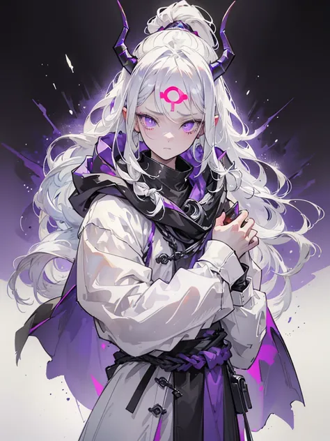 boy,  thoughtful look open forehead .  art,  white hair braided in a ponytail on the left side .  sinuous horns wrapped in dark purple ribbon.  black and purple eyes . white long coat with a hood inside black develops in the wind. stone walls moonlight on ...