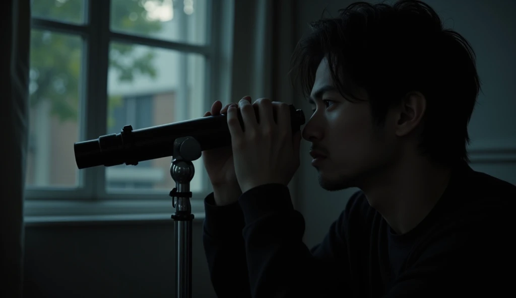 HD，8k quality，A man who grew up like the movie star Henry Cavill，25 years old， black hair ，A little bit of scum，Wearing black sweatshirt，A little depressed。 He looks at the opposite side with a telescope ，The telescope stand is in front of the window ， and...