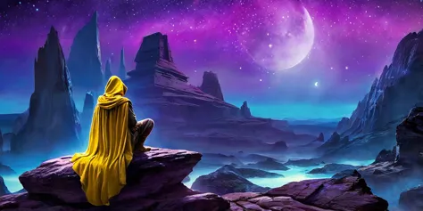 masterpiece, highcontrast, A jedi master with a yellow (old  ragged, hood, cape) sitting ona rock meditading, in a star wars landscape.  Blue and purple cloths, night time, space, stars, moons, and planets, purple aurora boreal, no face, 