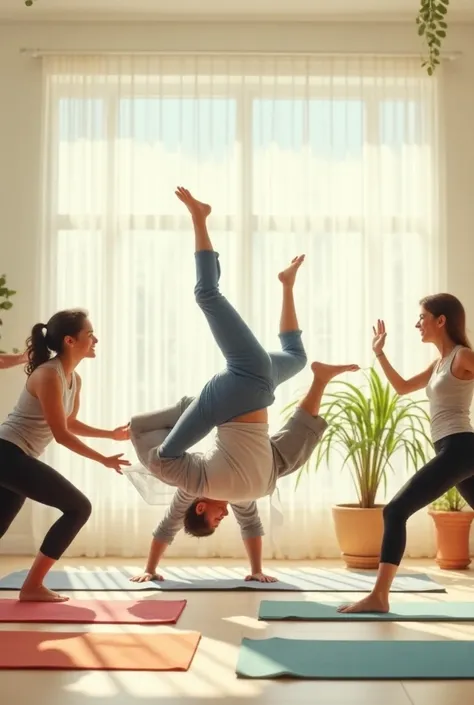 Inside a light and airy yoga studio, a man (Bob) is in a hilariously wrong position during a yoga class. He’s tangled in his mat, with one leg stuck in the air and his arms flailing. Nearby, a yoga student is laughing, trying to avoid being kicked in the f...