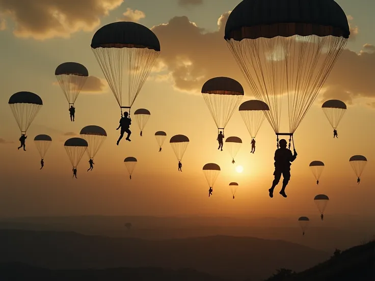 photograph of a very large group of military paratroopers from the Second World War falling from the sky at dusk