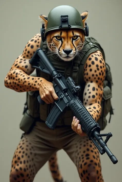 Generate a hyper realistic image of cheetah in aggressive facial expression wearing army  helmet and uniform and carries automatic machine gun 