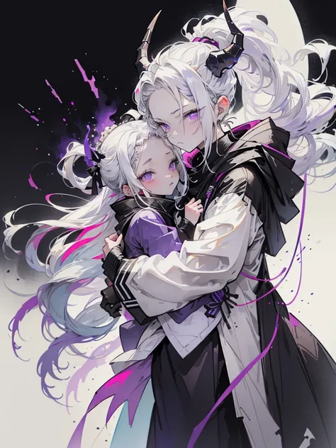 boy,  thoughtful look open forehead .  art,  white hair braided in a ponytail on the left side .  sinuous horns wrapped in dark purple ribbon.  black and purple eyes . white long coat with a hood inside black develops in the wind. stone walls moonlight on ...