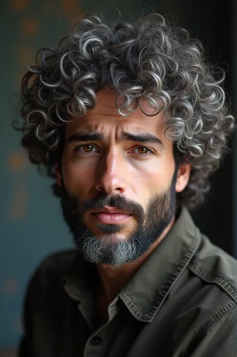 Perfect face, salt and pepper curly hair, beard, sad