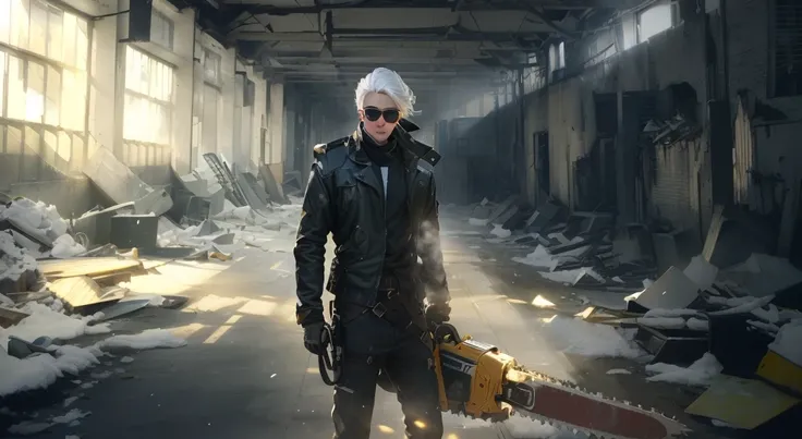 there is a man holding a chainsaw in a building, Beautiful face with sunglasses, white hair, flowing white hair, cold face, stark face, perfect face, handsome man with delicate facial features, melon face, modeled face, 3A masterpiece, mixed race boy with ...