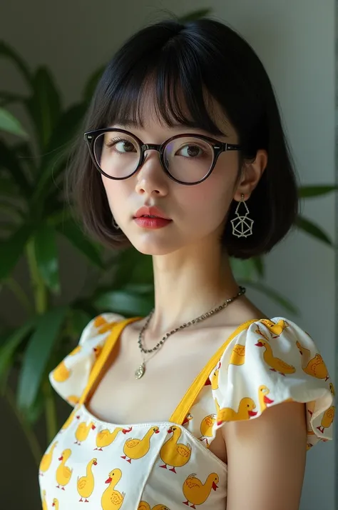 A girl with glasses
she has short hair but not very short and her face shape is diamond 
and she is wearing duck dress 