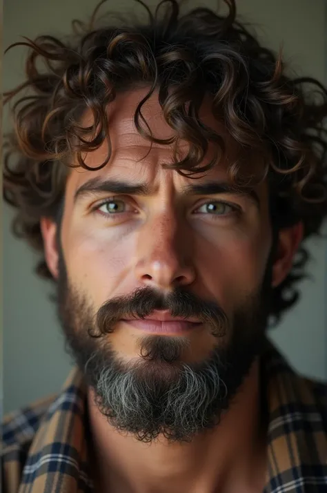 Late 20s, Perfect face, salt and pepper curly hair, beard, sad