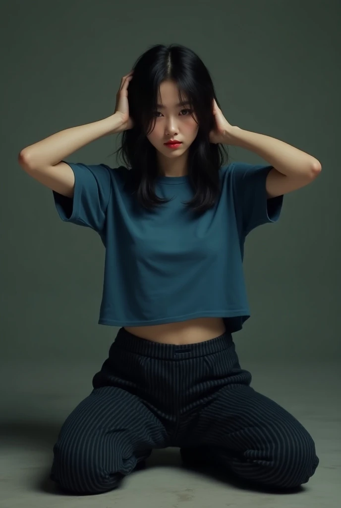 An arrested and handcuffed Korean beautiful model with nervous face kneeling behind in a caution pose, places her hands behind her head, while wearing a blue T-shirt that covers her chest. , its intricate patterns and colors accentuating her smooth, white ...