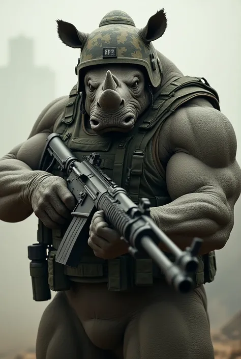 Generate a hyper realistic image of rhinoceros in aggressive facial expression wearing army  helmet and uniform and carries big automatic machine gun with his hard muscles of hand