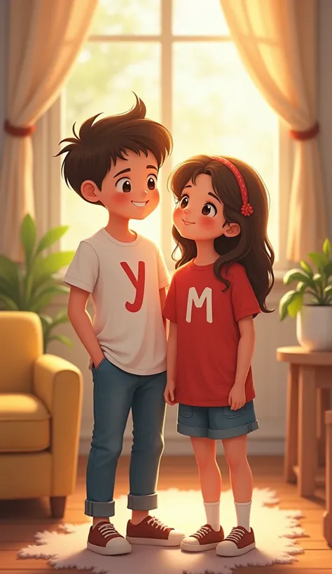 Cute baby couple love girl and boy showing the letter "Y" in the t-shirt they are wearing and the letter "M" in the t-shirt the girl is wearing