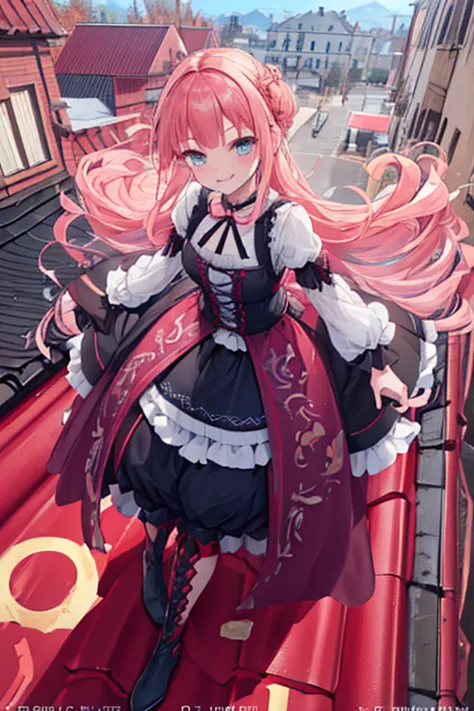 (((Top quality ultra detailed,Unity 8K))),Twin Drilling , Emerald Eyes ,Pose,blazers:1.1 ( gothic lolita:1.2),, short bang, lace up boots, ultra long pink gold hair, Lick Your Knife，Red lips, Look Down, ((Stand on the roof of a :1.3)), fearless smile ,full...