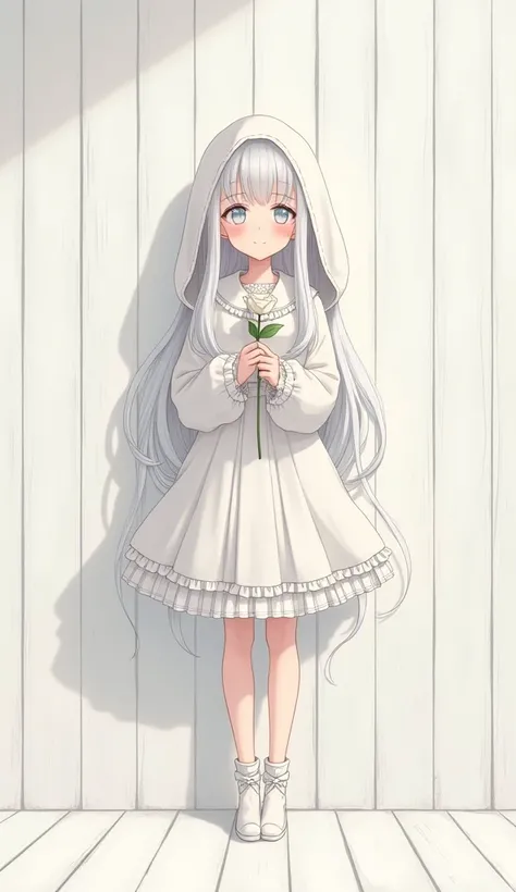 profile, drowning, small mouth, long white hood, short white plaid skirt, long hair in castle, white hair, white hair Han Ga-neul standing, small white eyebrows, small neck, white eyes, white eyes, small eyes, holding a white rose in her hand, small hands,...