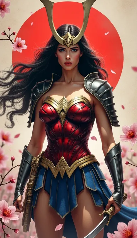 chest up, Wonder Woman in a Japanese-inspired armor, resembling a samurai with cherry blossom patterns and a red sun symbol. Wearing a helmet with horn-like extensions, a flowing obi belt around the waist, and traditional samurai-style shoulder armor."