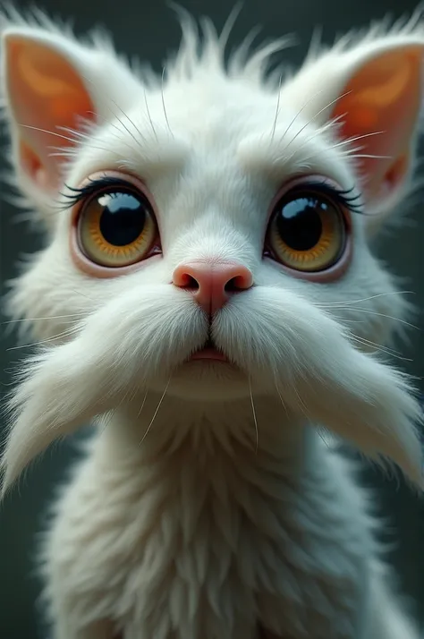 Close-up of the creatures face with large, deep eyes that seem wise and mystical. It has white, bushy mustaches that add character and warmth to its face, giving it an expression of gentle curiosity.