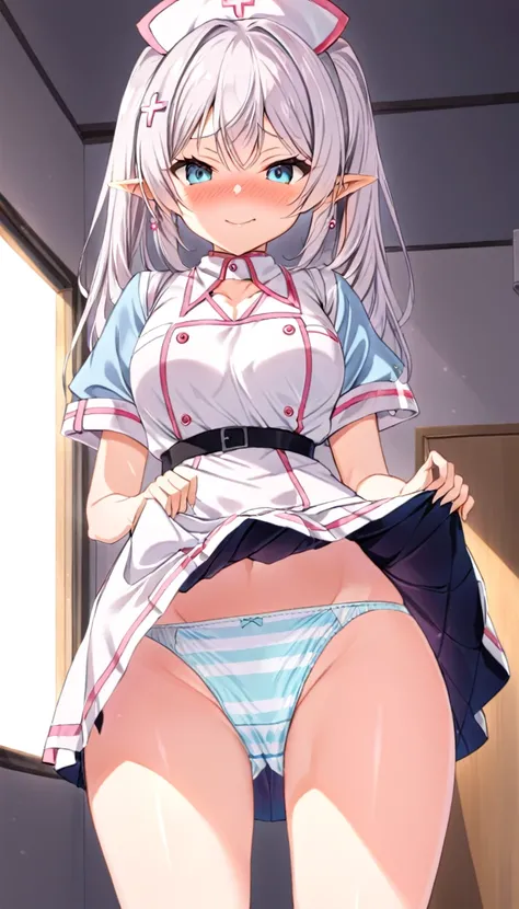 looking at viewer, solo, anime screenshot,  ((nurse uniform:1.5), ( Blue Stripes panties:1.3), ( is embarrassing, nose blush:1.3) ,, ((Skirt lift:1.3)), show up panties, cowboy shot, (perfect detailed anatomy, beautiful detailed face&eyes:1.5, shiny skin, ...