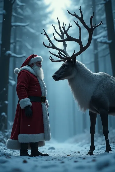 Create an intense scene where Santa Claus and a majestic reindeer are facing each other, as if preparing to merge. Santa is depicted with a powerful physique, wearing his classic red and white suit, while the reindeer stands tall with massive antlers and a...