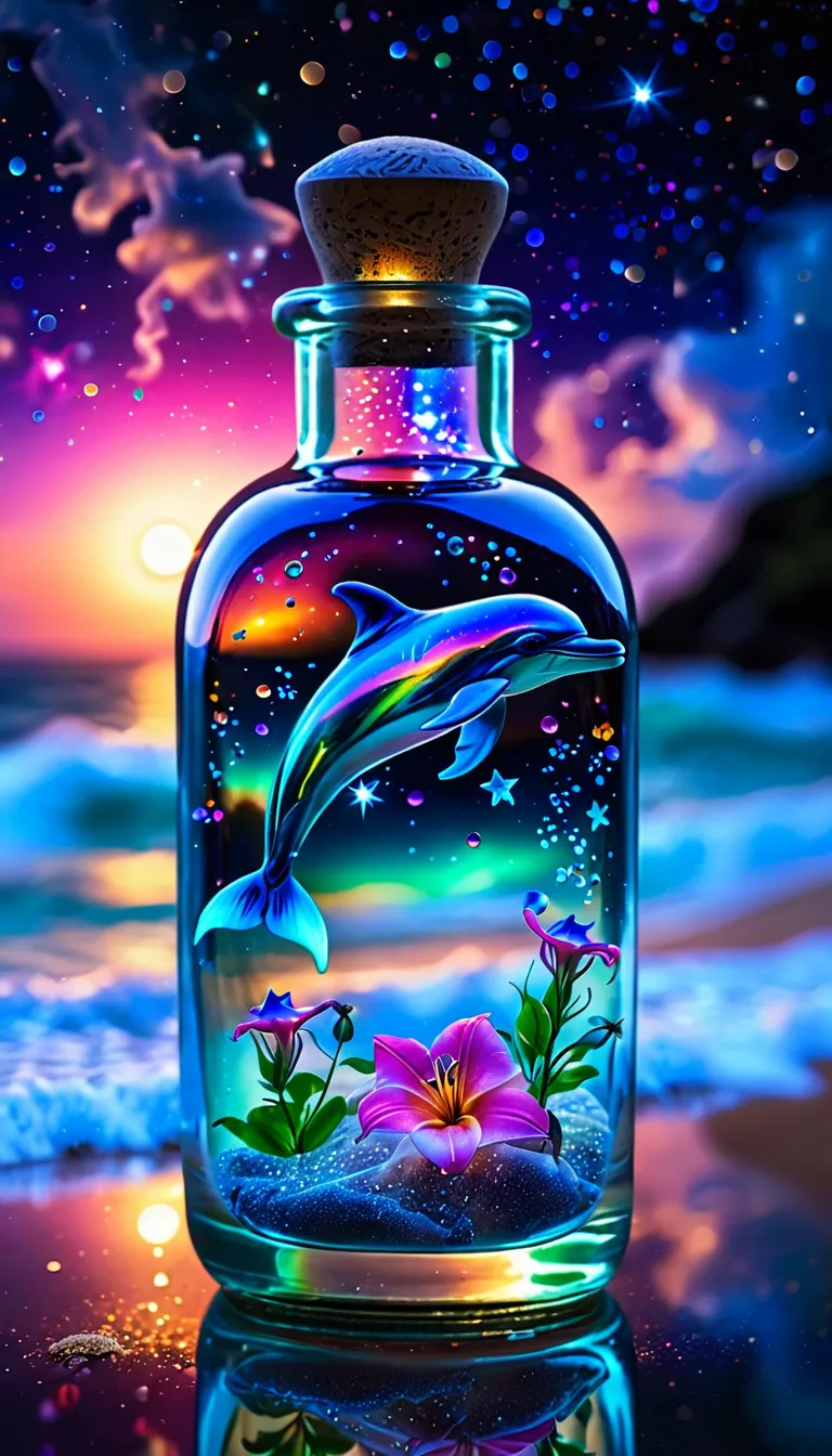 Made by AIS-RCN, 8K Photo, "words,   from、 colorful smoke rising from the glass {x}  fluorescent iridescent glass dolphins ,  鏡from飛び出す,     Thoughts on Delicate Works of Art   .", Supple,    side light,    Closeup of a Glass Bottle   , Beach in a bottle ,    miniature cosmos   ,   Sparkling Ring Stars  , Colorful Nebula, galaxy, Space dust, Glass Reflection, Surface Distortion, The background is a starry sky, In comparison, Depth , Super detailed, Dark Background, Beauty in Paradise  , Macro photography、空にはfromカラフルな煙が立つ