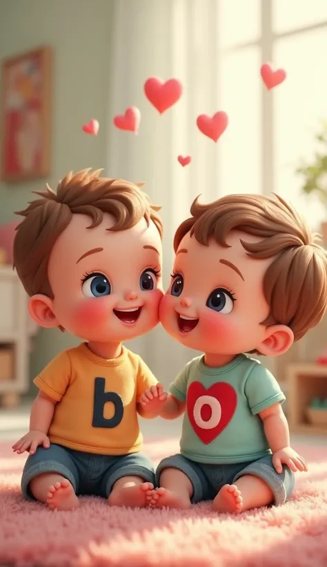 Cute baby couple love girl and boy showing the letter "B" in the t-shirt they are wearing and the letter "O" in the t-shirt the girl is wearing