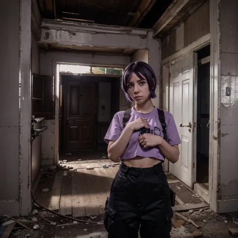 (8K HD, high quality, detailed background ) to use, worker drone, short hair, purple hair, Lilac eyes, Abandoned house, dark interior, worried expression, clenched fist,from murder drones episode,emo girl,name Uzi doorman 