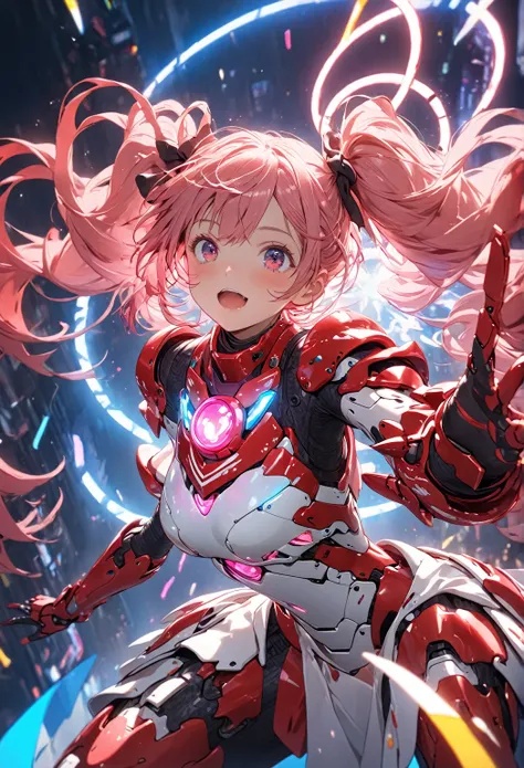 a girl with red twin tails wearing red and white robot armor, spinning a long red-handled spear in front of her chest with both hands, summoning a colorful magic circle with a mix of red, white, and pink on her back, neon lights shining brightly from the a...