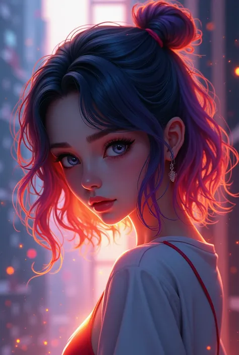 (((work of art))),(((best qualityer))),(((extremely detaild))),illustration,4K,, {{masterpiece}}, best quality, cinematic lighting, lens flare, 1 female teenager(Kizi),  beautiful detail eyes, black,  side glance,  multicolor hair, colorful light, particle...