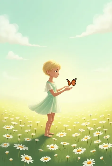 Illustration of a  standing in a daisy field with a butterfly sitting on his arm