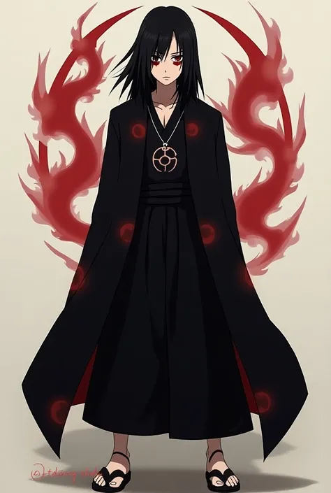  Itachi Uchiha ,  the character from the anime and manga  "Naruto",  is a fundamental part of his design and symbolizes many aspects of his personality and his history.  Here I detail his appearance :

###  Physical characteristics :

1. **hair**: 
    - I...