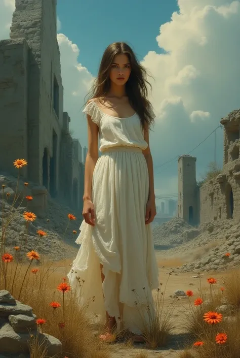 " oil painting , ((Steady)) young woman,  ominous clouds casting shadows standing among the ruins of a nuclear wasteland ,  delicate flowers, emerging from the desert  , зловещие облака отбрасывающие тени, ((Phantom beauty)),  post-apocalyptic masterpiece ...