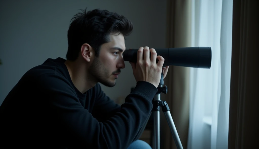 HD，8k quality，A man who grew up like the movie star Henry Cavill，25 years old， black hair ，A little bit of scum，Wearing black sweatshirt，A little depressed。 He looks at the opposite side with a telescope ，The telescope stand is in front of the window ， and...