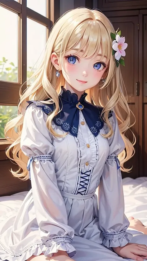 Best Quality、19K、 white skin、(Face and eye details:1.2)、 1 girl、smile、Big adorable eyes 、 Very Delicate Beautiful Girl 、stand、Light Blonde、 long wavy hair、 blue eyes、nose、(A little ish in appearance)、(( very beautiful))、(Freckles:0.7)、curl、sci-fi vulcan bl...