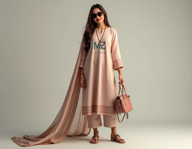 Pakistani realistic beautiful cute 18 years old fair skin looking down model fashionable stylish attitude big smile dimpal full body cover salwar Kamez dress long dopatta on the head long brown hair sunglasses long sandals stylish bag in the hand beautiful...